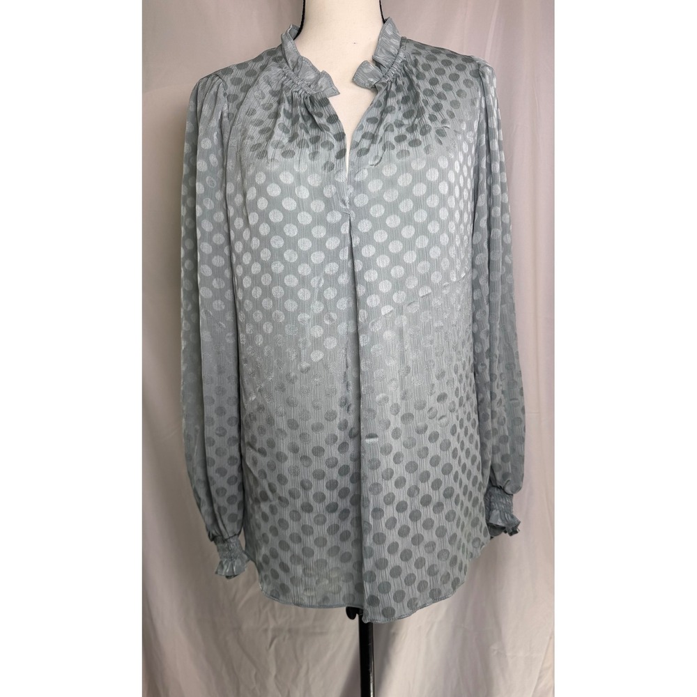 Max Studio Blouse Womens M Ice Blue New Polka Dot Ruffle Smocked Long Sleeve